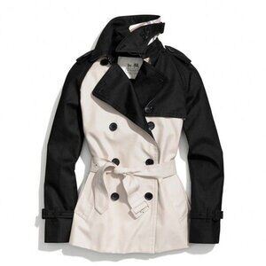 Coach Trench Coat XS Double Breasted Black White Belted Buttons Pockets